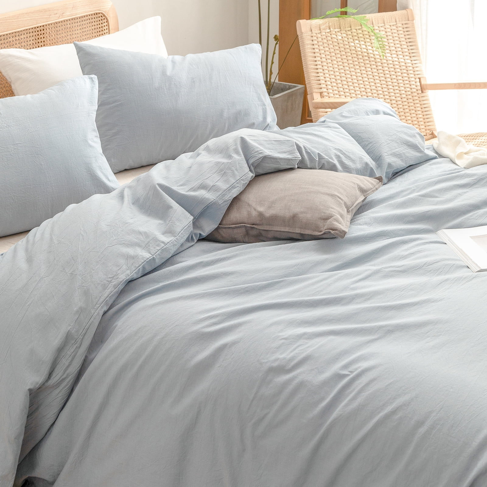 BESTOUCH Duvet Cover Set Twin 100% Washed Cotton Linen Feel Soft Chic Lightweight 2Pcs (Cornflower Blue, 68"x90")