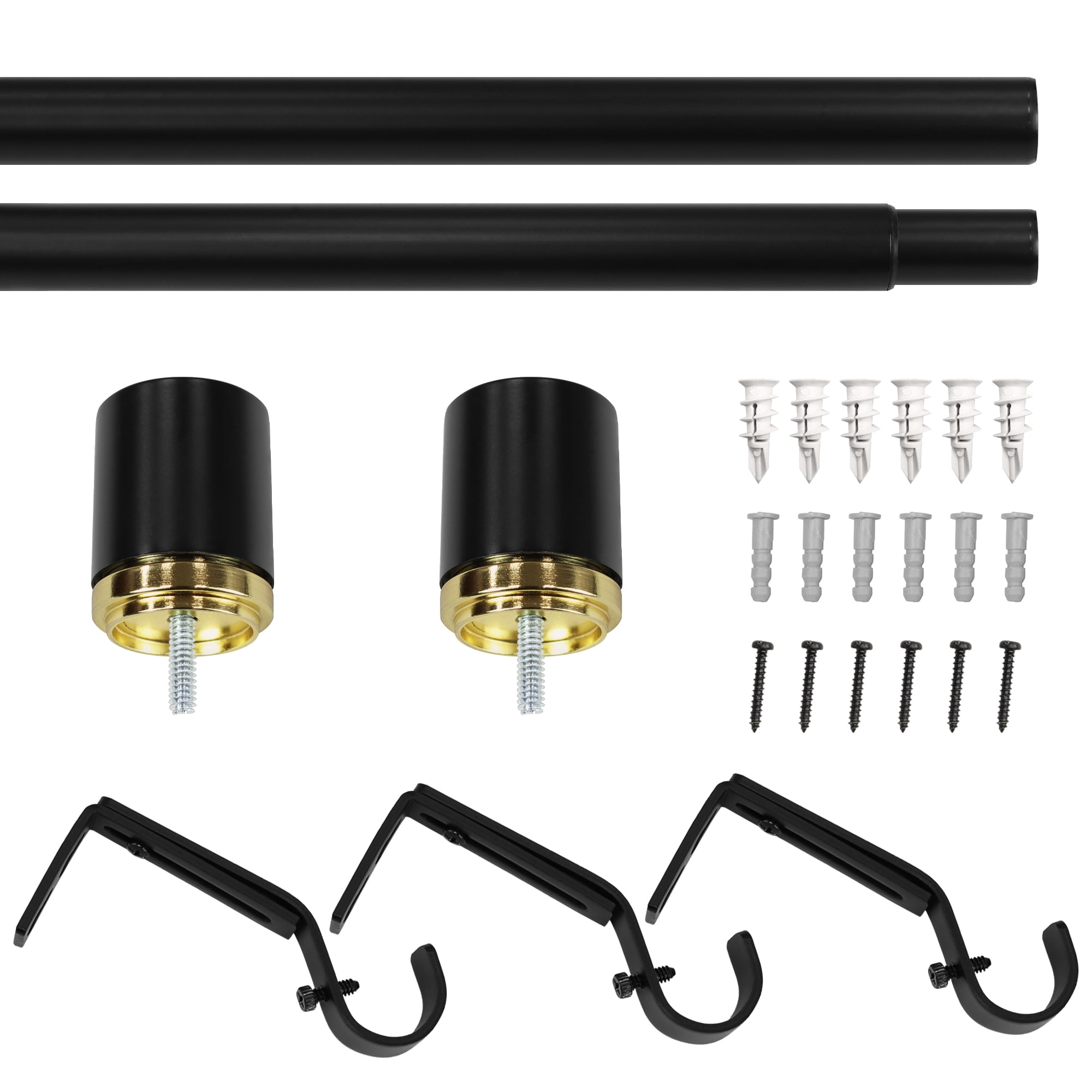 Better Homes & Gardens 1" Matte Black with Brass Neck Cylinder Adjustable Single Curtain Rod Set, 42"-120"
