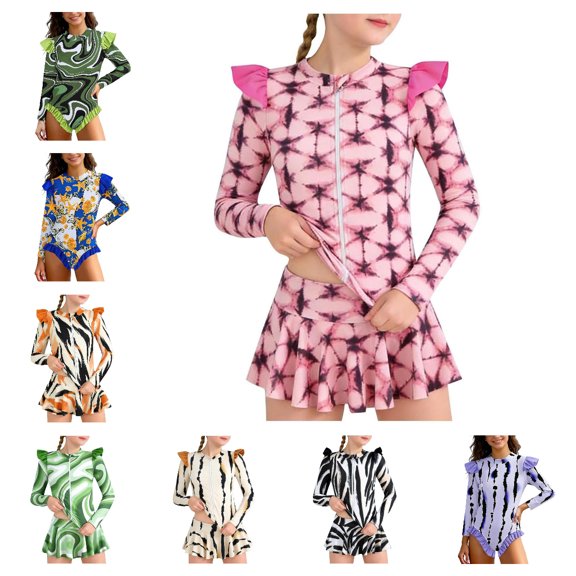 HAOTAGS Girls Printed Swim Set,Long Sleeve Top & Skirt Training Swimwear Swimsuit Youth Two-Piece Swimsuit Hot Pink 8-10