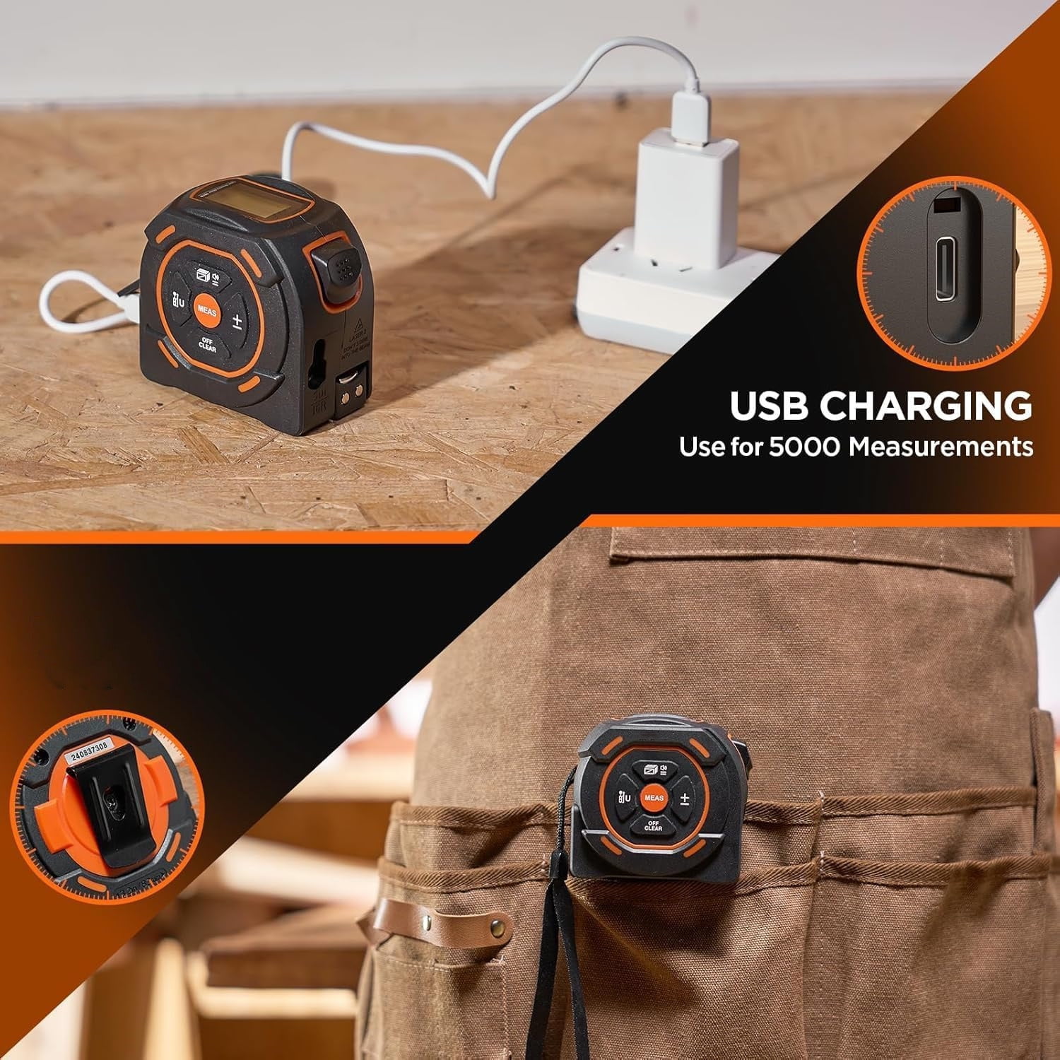 Laser Tape Measure 2-in-1, 197Ft Laser Distance Meter & 16Ft Digital Tape Measure, with LCD Display,Area/Volume Calculation, USB-C Rechargeable for Woodworking and Construction