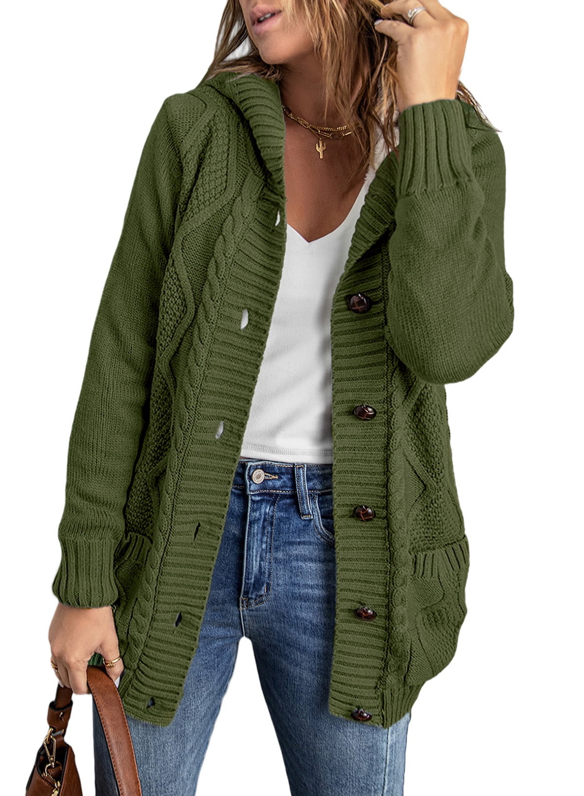 Rosfancy Women Hooded Fleece Lined Cardigan Sweater Button Down Knit Fall Winter Coat with Pocket, S-xxl, Women's, Green