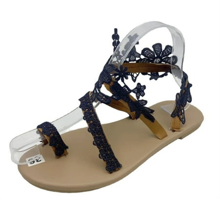 

New Summer Toe Ring Sandals Bohemian Flowers Casual Flat Comfy Shoes 43 Black