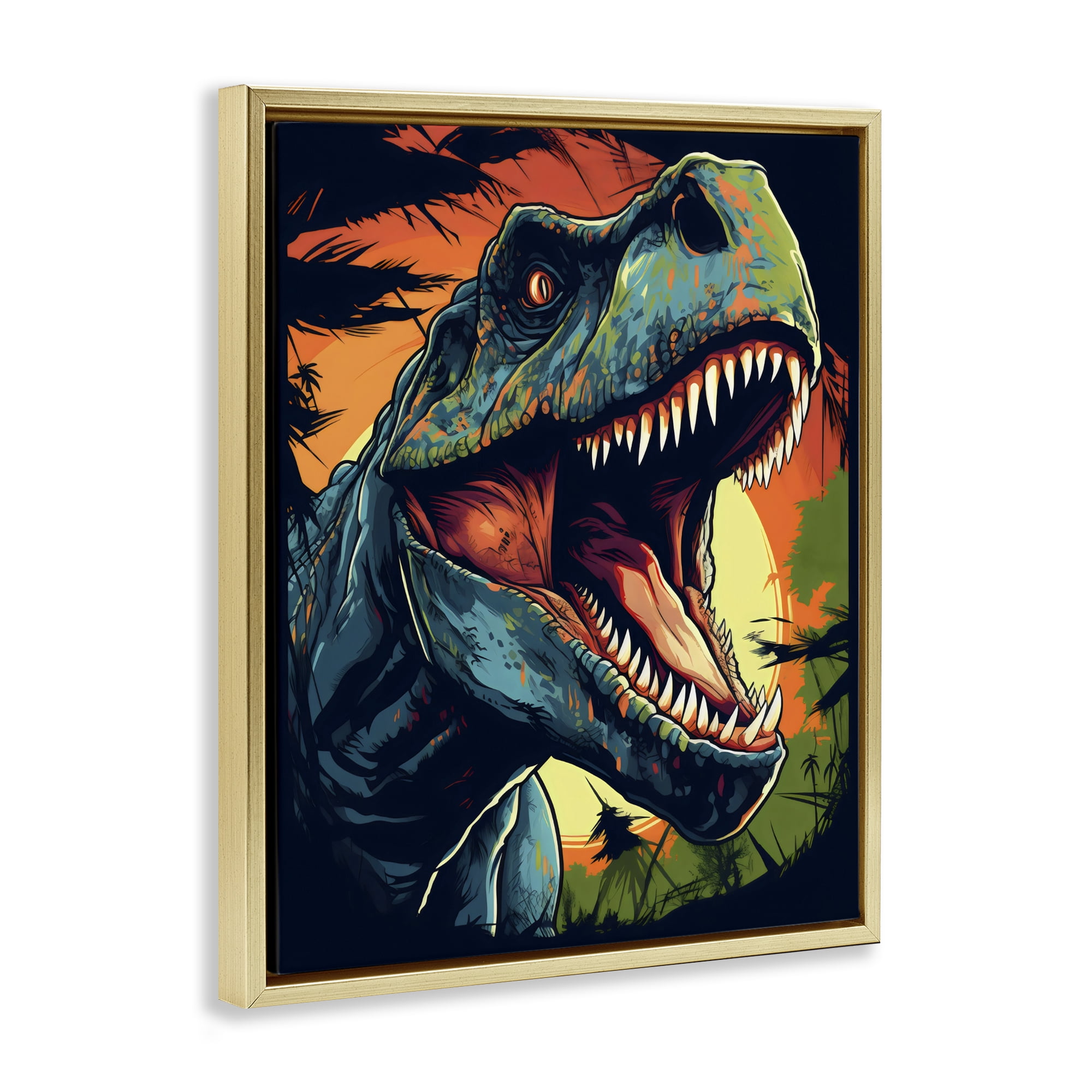 Stupell Industries Dino Roar at Sunset Gold Framed Floater Canvas Wall Art, design by Creative Studio