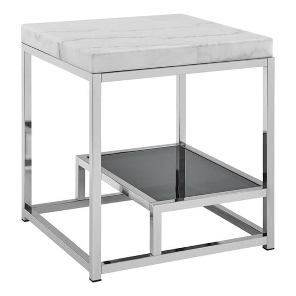 Pemberly Row Contemporary Marble Top and Iron Base End Table in White