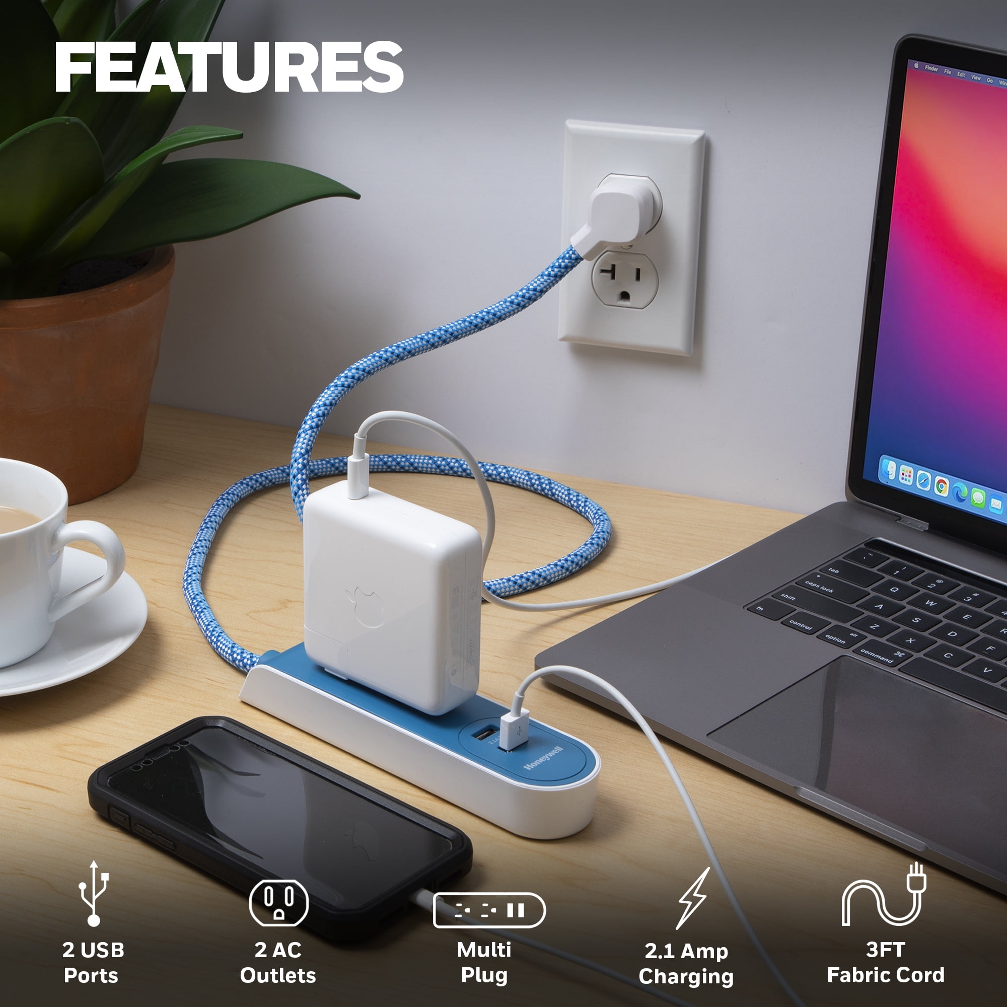 Honeywell 3 ft. Fabric Power Strip with 2 AC & 2 USB Ports (2.1A), 45° Angled Flat Plug (Blue/White)