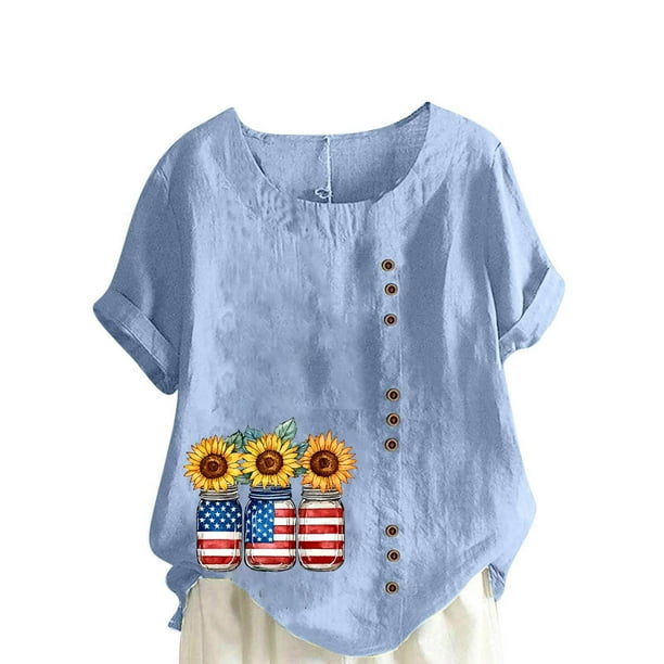 Vestidos Casuales Para Mujer, Blusas De Mujer De Moda Blusa informal de lino con botones y manga corta estampada para mujer