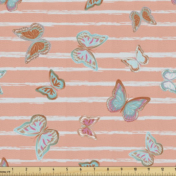 Spring Fabric by the Yard Upholstery, Abstract Ornamental Continuous Flying Summer Butterflies on Striped Backdrop, Decorative Fabric for DIY and Home Accents, Salmon Multicolor by Ambesonne