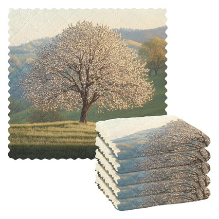 

6 Pieces Thickened Double Polyester Fleece Kitchen Towel - 28x28cm Strongly Absorb Water & Oil Stain Removal，A Tree Growing on The Grassland Mountain