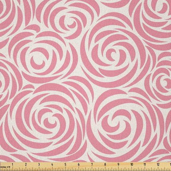 Ambesonne Rose Fabric by the Yard Microfiber, Abstract Swirl Line Blooms, 3 Yards, Pale Pink and Off White
