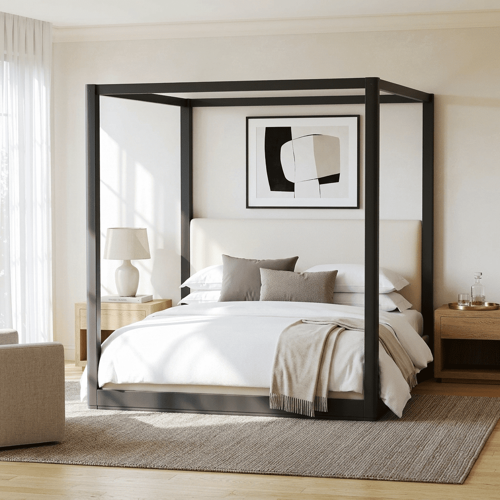 Euroco Wood King Size Canopy Bed with Upholstery Headboard, Black