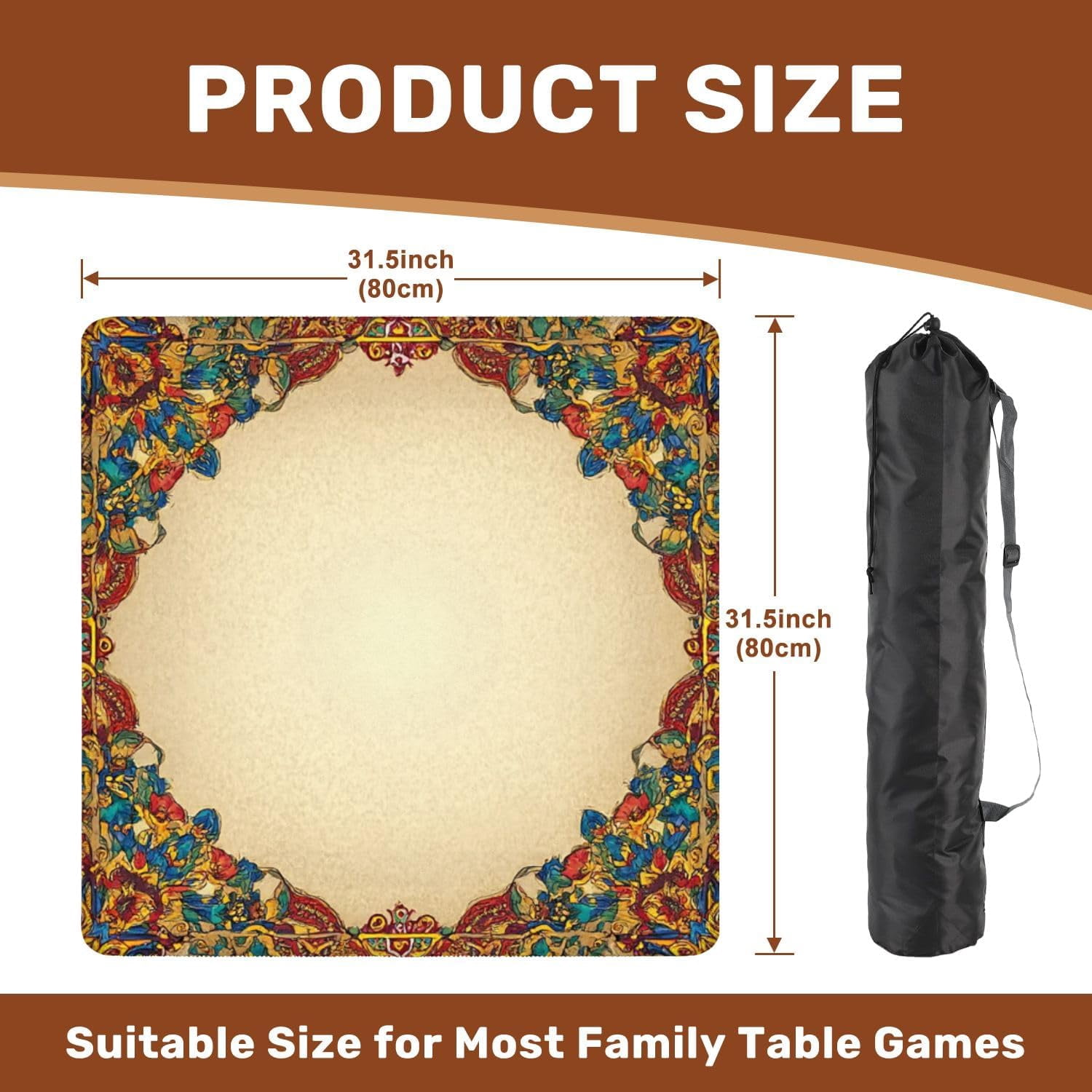 Mahjong Mat 31.5" x 31.5" Ornate Vintage Floral Frame Red Blue Gold Accents Non-Slip Noise Reduction Mahjong Tiles Table Cover for Dominoes Poker Card Board and Tile Games Gift