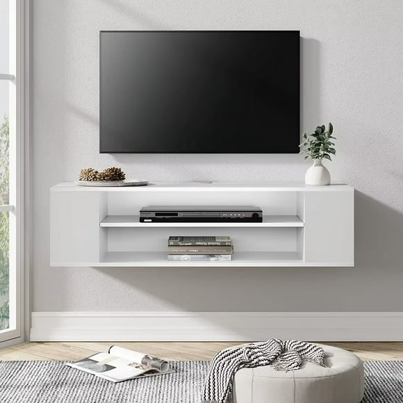 WAMPAT Floating TV Stand Shelf for 43" TV, Wall Mounted Entertainment Center Cabinet Component Media Console Hutch with Storage for Audio/Video in Living Room, 39.4", Pure White
