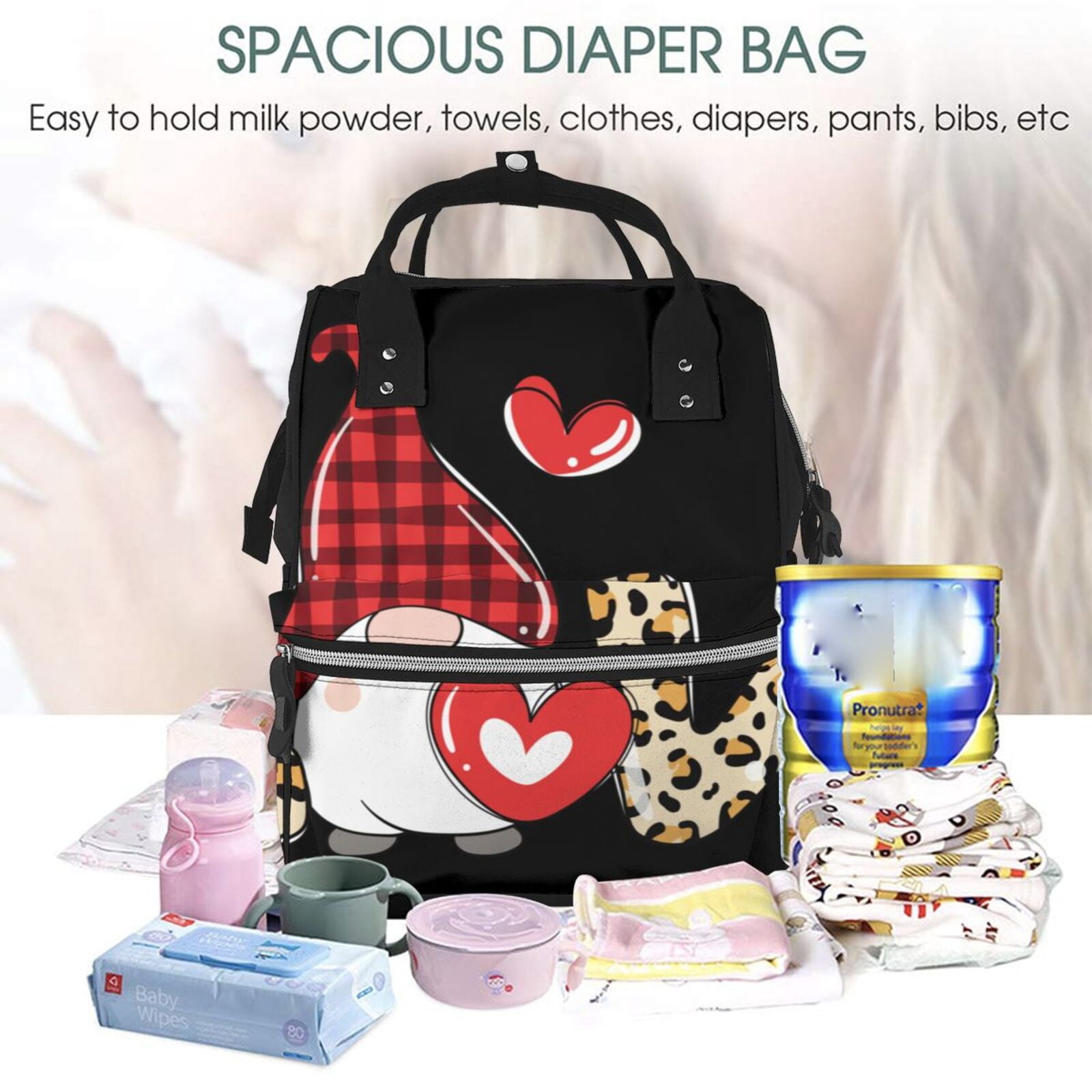 Fuzoiu Love Gnomes Print Diaper Bag Backpack,Baby Essentials Travel Tote,Multi function Waterproof Diaper Bag, Travel Essentials Baby Bag - Unisex