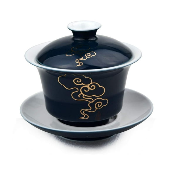 Porcelain Gaiwan 5oz/150ml Teacup White Glazed Classical Chinese Auspicious Clouds Tea Cup Tureen Sancai Cover Bowl Lid Cup Saucer Set