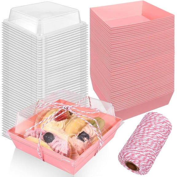 50 Pack Paper Charcuterie Boxes with Clear Lids,4.3" Pink Square Disposable Food Containers Bakery Boxes,Oil-Proof Kraft Paper Dessert Boxes,Disposable Sandwich Boxes for Bakery,Cake(Pink)
