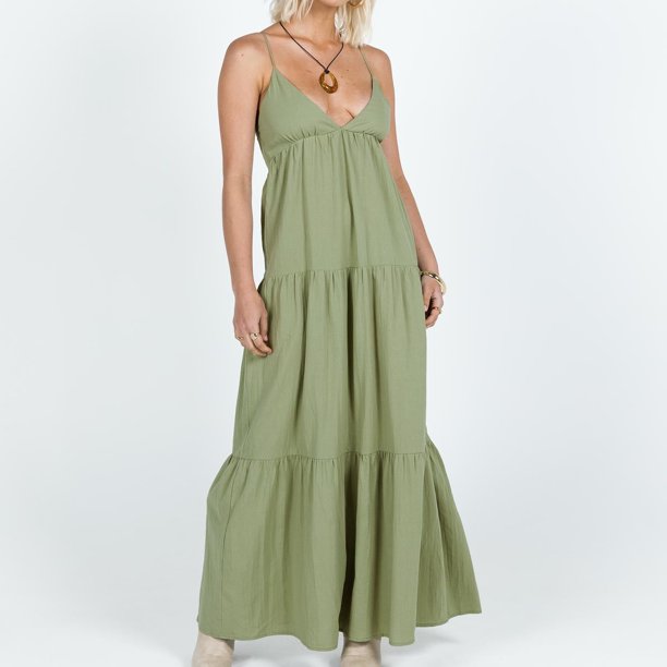 Vestido casual de mujer con cuello en V plisado vestido largo sin espalda una línea de vestido de playa de verano FLhrweasw Nuevo