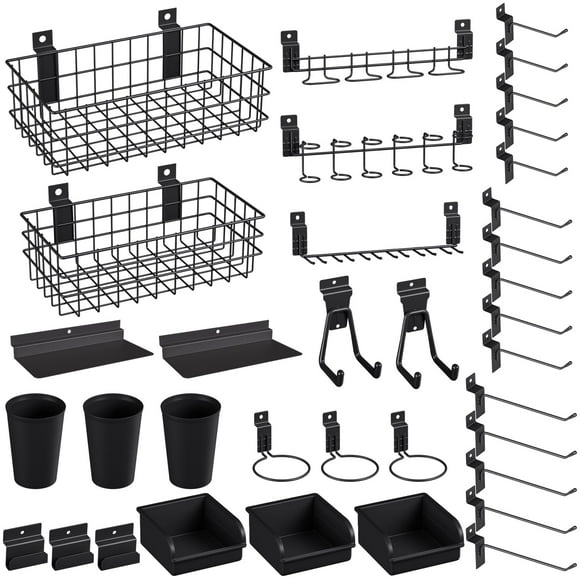 INCLY 30PCS Slatwall Accessories Set with Slatwall Baskets, Slatwall Hooks, Slatwall Shelves, Slatwall Bins, Slatwall Cups, Heavy Duty Slat Wall Accessory for Garage Roo