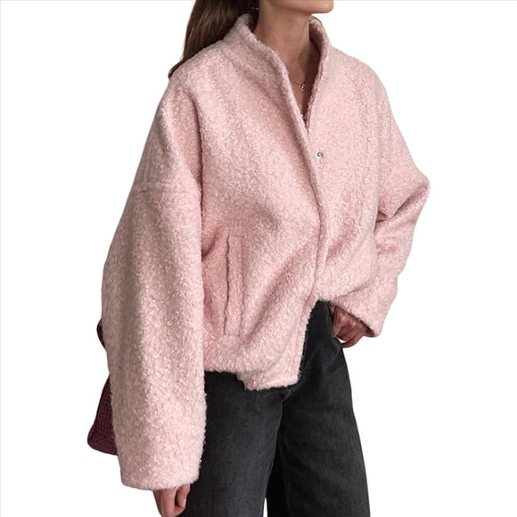 Abrigo de Mujer de Larga, Cuello Redondo, Botones A Presión, Chaqueta Gruesa Abierta de Otoño 2025 Rosa L