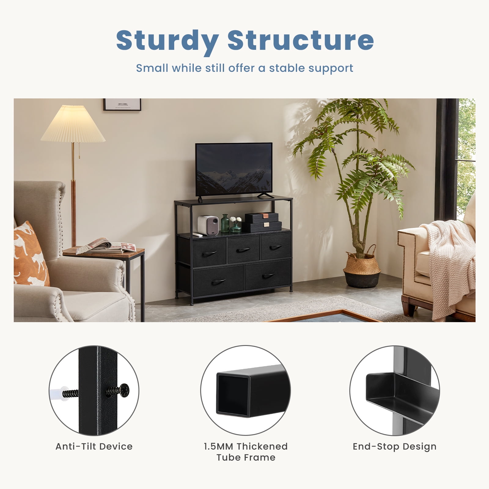 CONCETTA TV Stand Dresser with 5 Fabric Drawers and Open Shelving, Multi-functional Storage Unit Fits TV up to 45 inches for Bedroom Living Room Hallway, Black