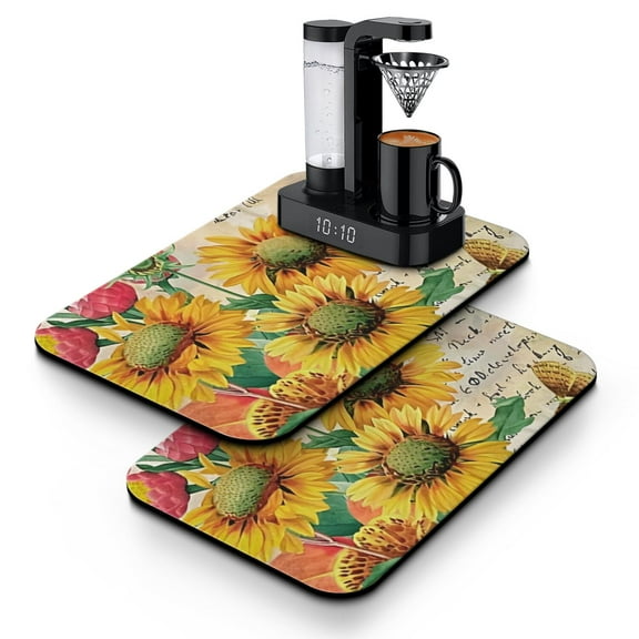 2 Pack Washable Rubber Sunflower Cute Floral Dish Drying Mats for Kitchen Counter Home Large Coffee Bar Pad Accessories and Decor for Utensils Stemware (2pcs 19.5''x12'')