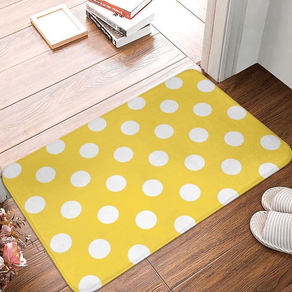 Front Door Mat Indoor Outdoor Outside Entrance - 16*24in Washable Yellow And White Polka Dot Thin Bathroom Rugs Fit Under Door, Bath Rugs for Bathroom, Kitchen Rugs Mats for Floor