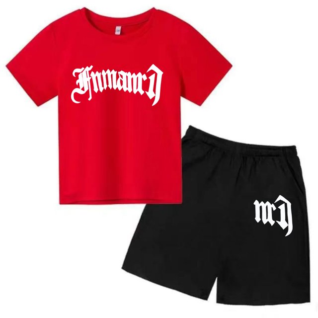 Ensemble T-Shirt Imprimé Gothique pour Enfants, Haut d'Été + Shorts 2 Pcs Manches Courtes Mode Décontractée Garçons Filles