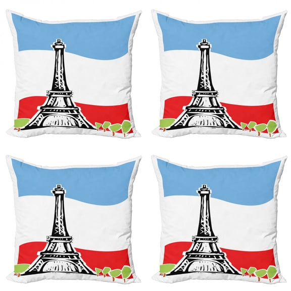 Eiffel Tower Throw Pillow Cushion Case Pack of 4, Digital Silhouette in Paris, Modern Accent Double-Sided Print, 4 Sizes, White Multicolor, by Ambesonne