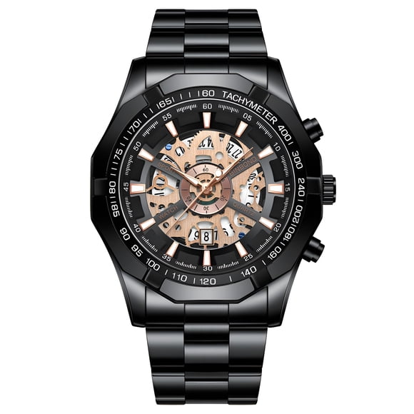Reloj de Cuarzo Esqueleto para Hombre, Correa de Acero Inoxidable, Taquímetro, Indicador de Fecha, Resistente Al Agua, Luminoso, Reloj de Pulsera Deportivo de Negocios para Hombre
