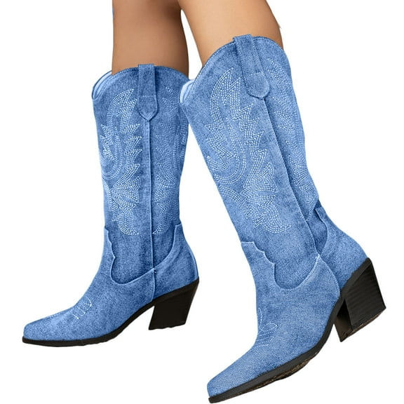 Denim Wide Calf Cowboy Boots for Women 2025 Casual Jeans Pointed Toe Spring Fall Winter Slip on Cowgirl Boots