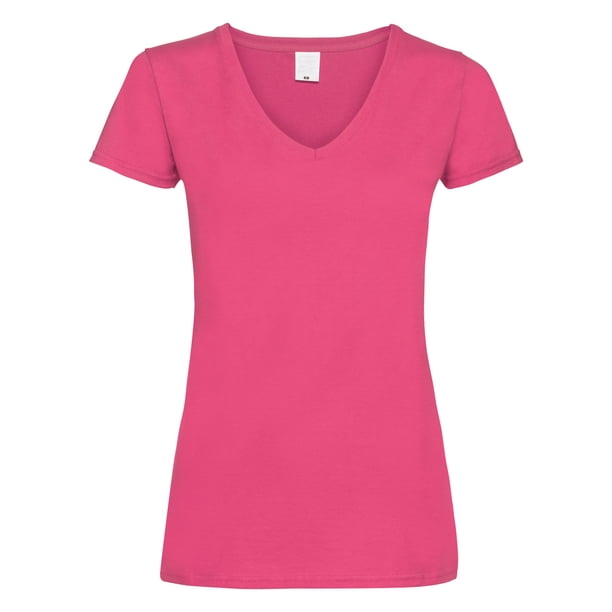 Camiseta entallada de manga corta y cuello en V para mujer (Rosa chillón)