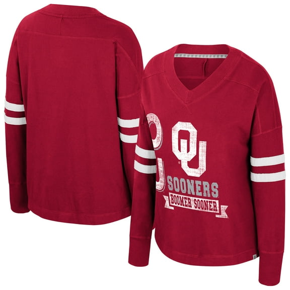 Women's Colosseum  Crimson Oklahoma Sooners Oversized Violet Distressed V-Neck Long Sleeve T-Shirt