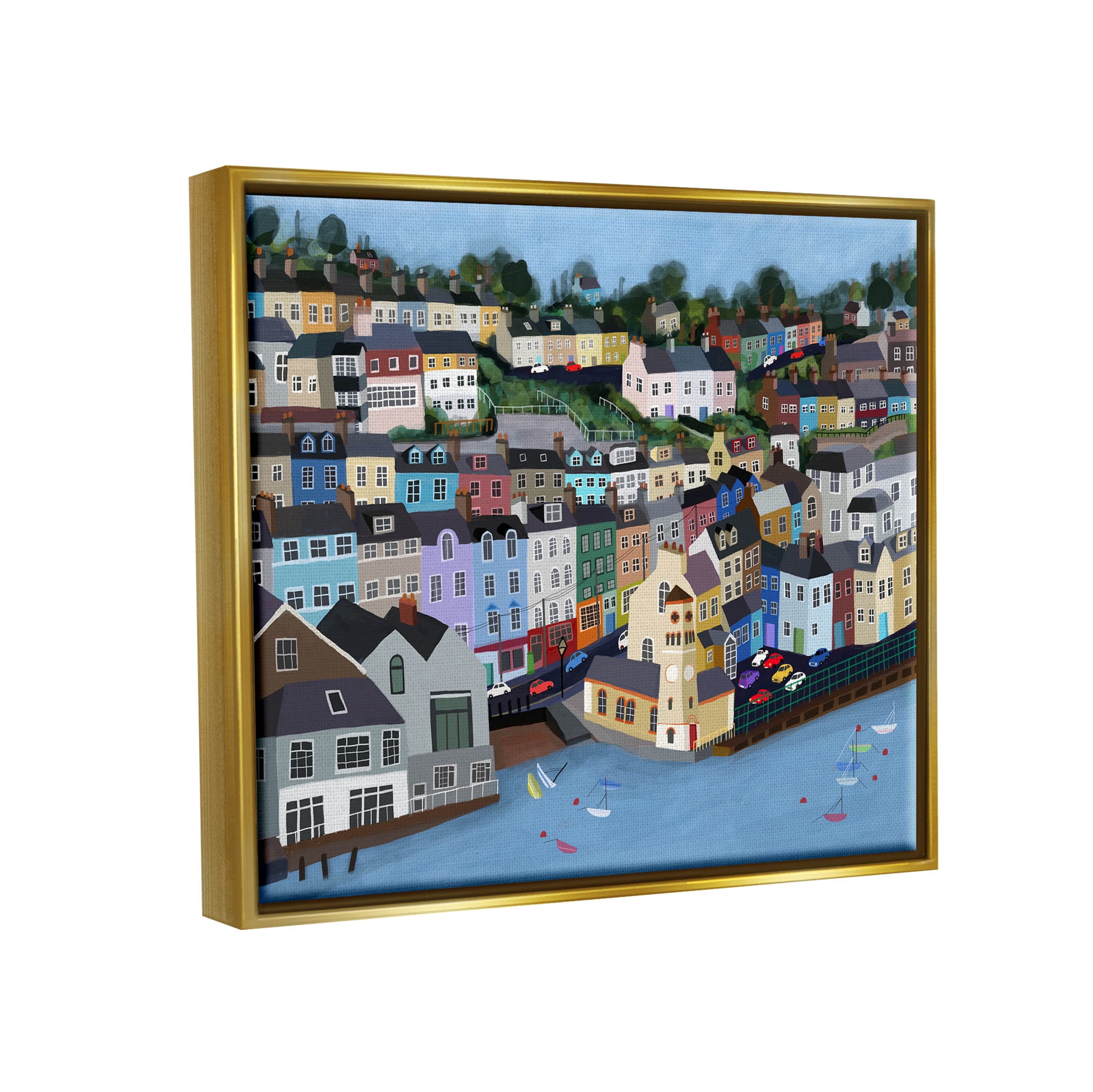 Stupell Industries Seaside City Neighborhood Streets Graphic Art Metallic Gold Floating Framed Canvas Print Wall Art, Design by Carla Daly