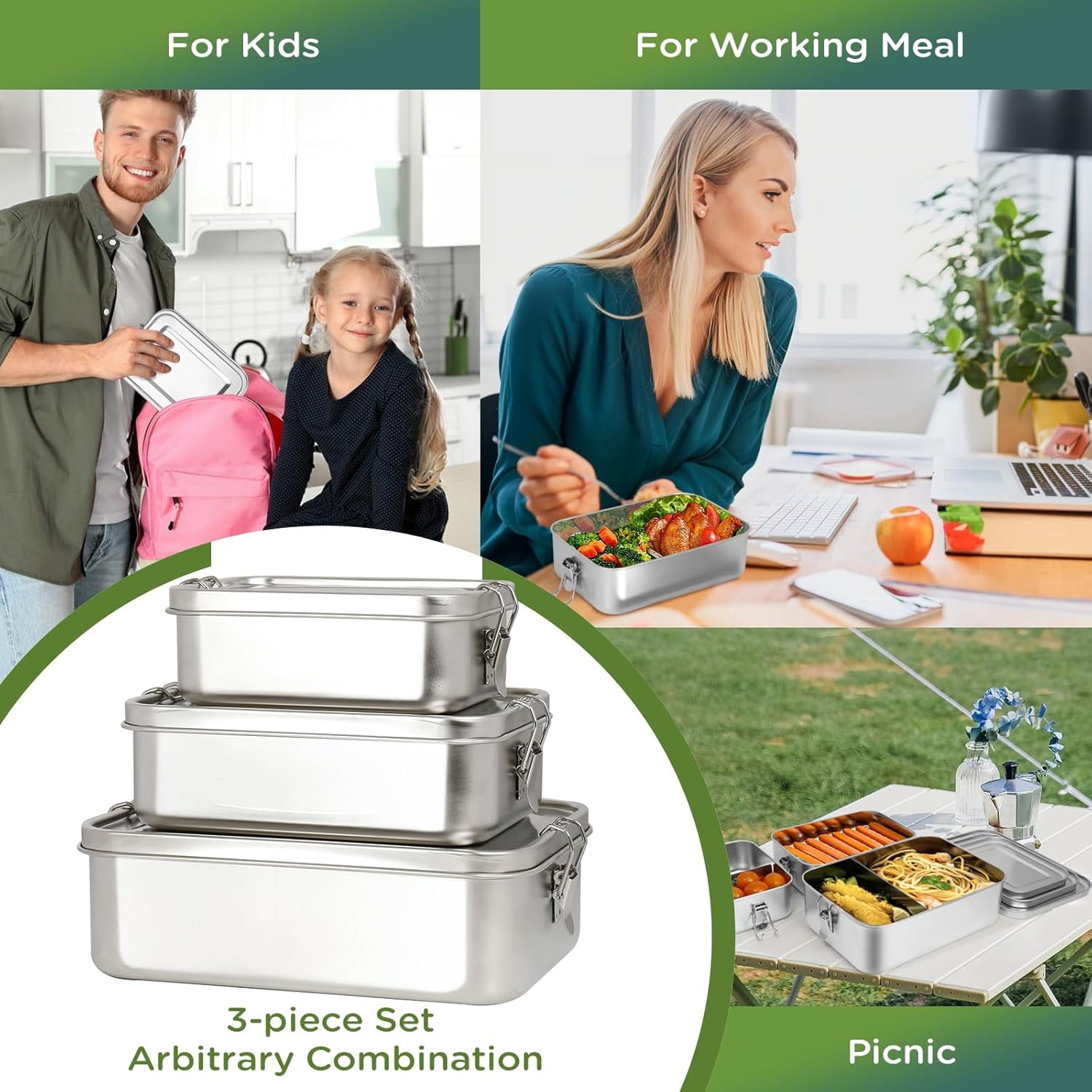 304 Stainless Steel Bento Box 3 Pack Stainless Steel Containers With Lids,Stainless Steel Food Storage Containers for Lunch Picnic Soup Salad Leftover