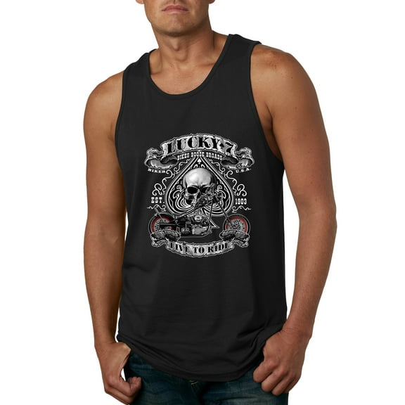 Lucky 7 Live to Ride Bikes Booze Broads USA Est 1903 | Mens Fashion Graphic Tank Top, Black, Small
