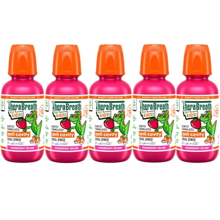5 Pack - TheraBreath Kids Mouthwash with Fluoride, Organic Strawberry Splash, Anticavity, 10 fl oz