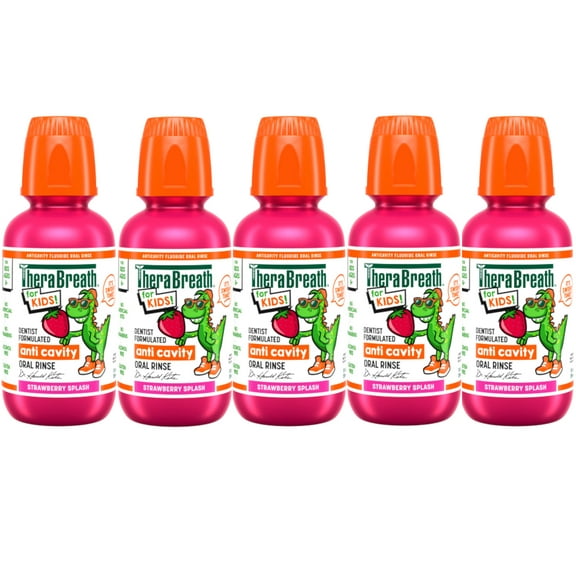 5 Pack - TheraBreath Kids Mouthwash with Fluoride, Organic Strawberry Splash, Anticavity, 10 fl oz