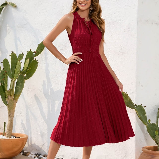 Pisexur Robe Sans Manches à Col Rond Mi-Mollet Women Robe de Voyage de Vacances de Loisirs Robe d'Été Plissée Sans Manches Taille Haute Women Robe