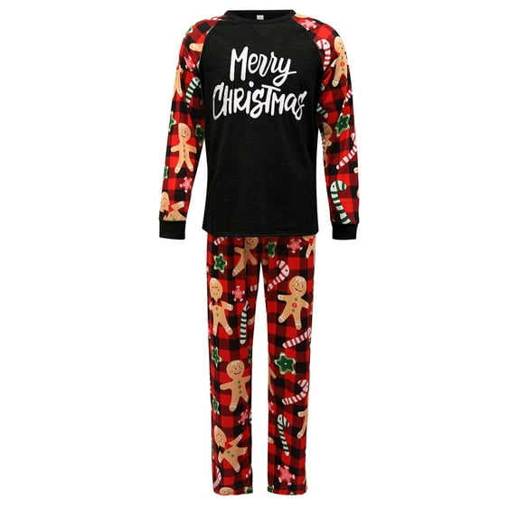 Gureui Matching Christmas Family Pajamas Sets, Long Sleeve Plaid Letter O-Neck Raglan Pullover + Cartoon Long Pants Set