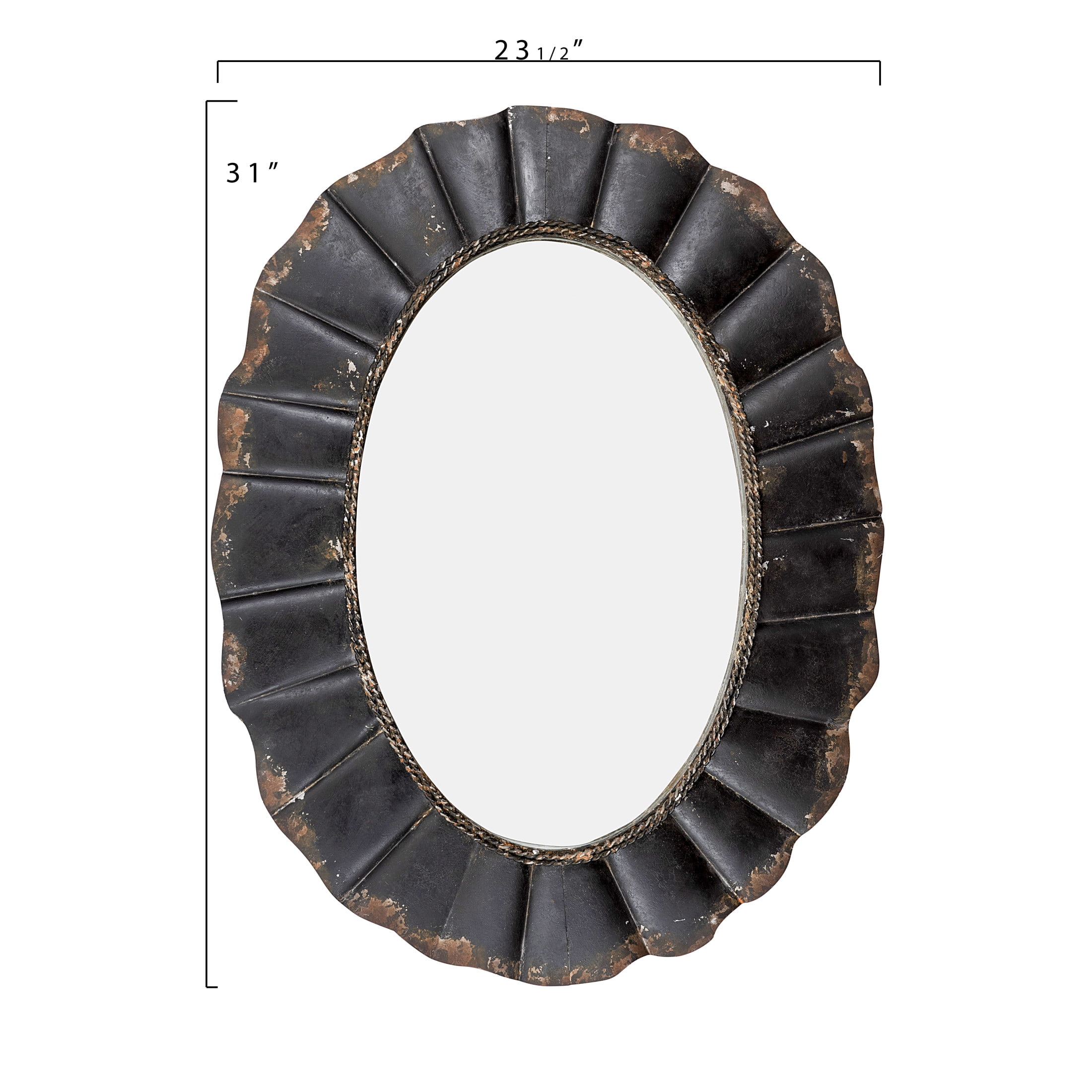 Creative Co-Op Distressed Metal Scalloped Oval Wall Mirror, Black