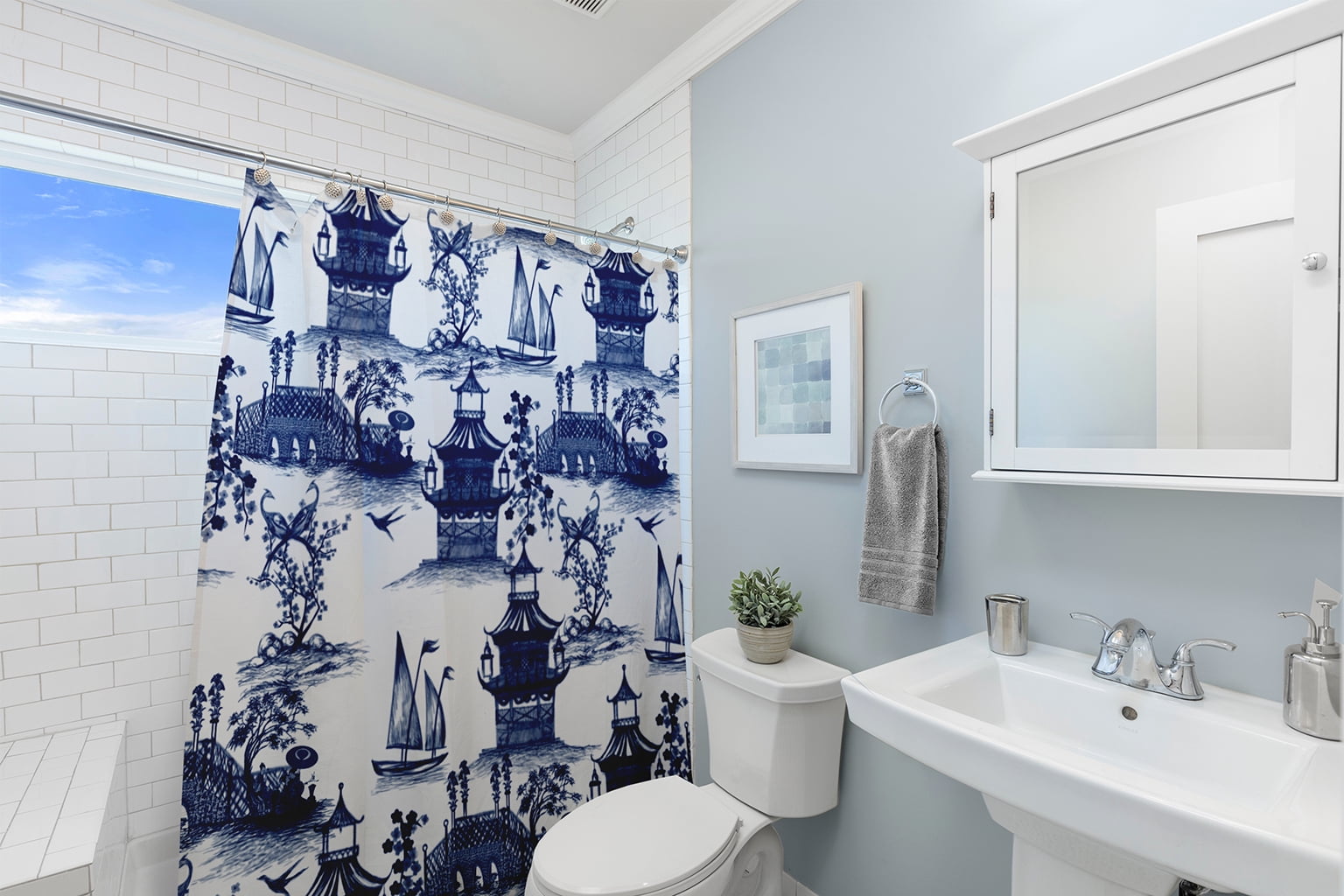 Simply Daisy 70" W x 73" L China Old Polyester Shower Curtain, Porcelain Blue [1 Ct]