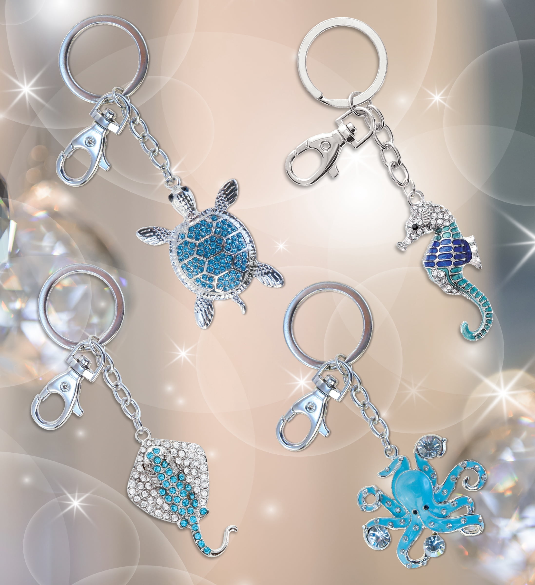 Aqua79 Sparkling Keychain Set of 4 – Octopus, Sea Turtle, Seahorse, and Stingray 3D Charm Rhinestones, Metal Alloy Key Ring - Accessory with Clasp for Key Chain, Bag, Purse, Handbag, and Backpacks