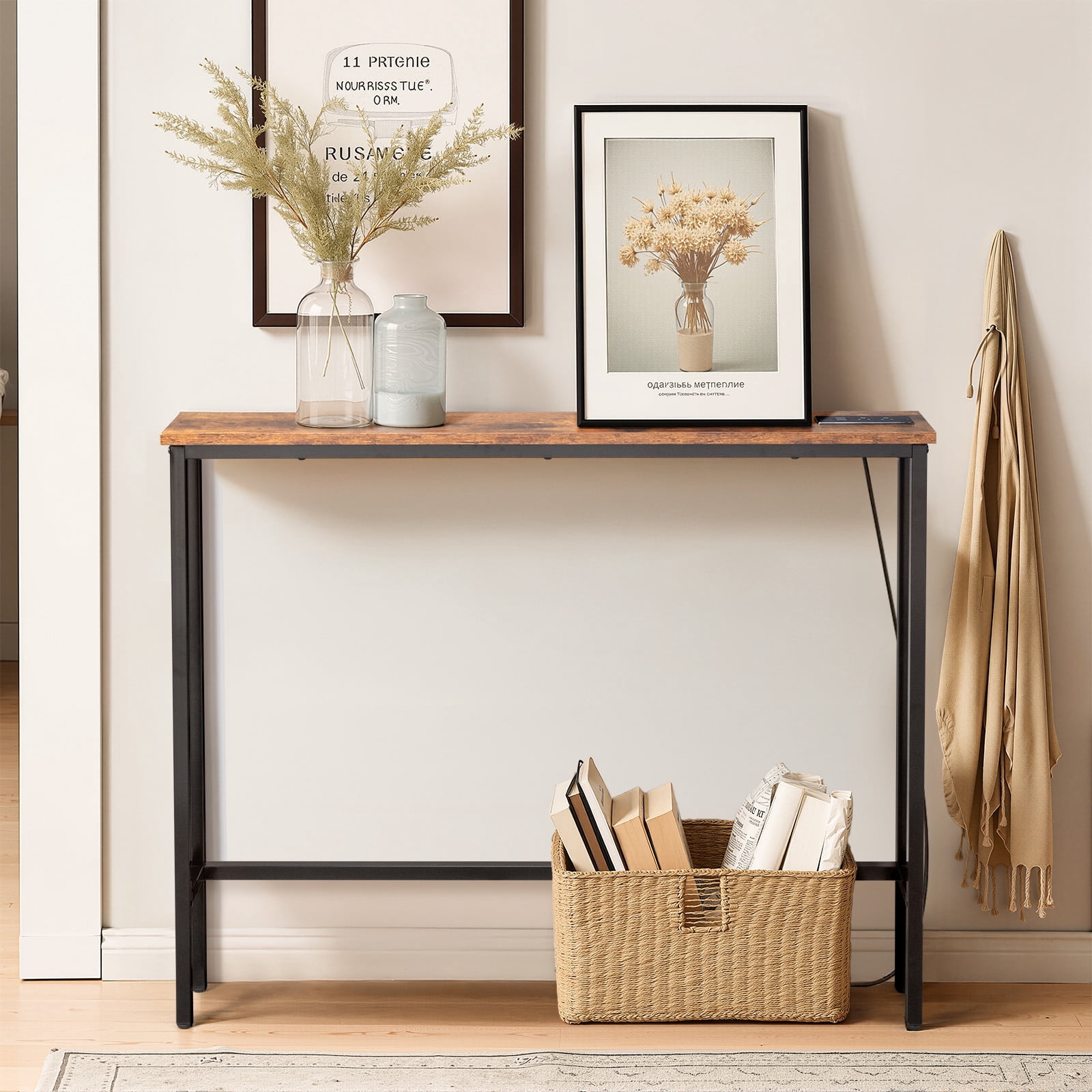39.4" Narrow Console Sofa Table with Power Outlets and USB Ports, Skinny Couch Table with Metal Frame and Charge Station with 4.9ft Extension Cord, Rustic Brown