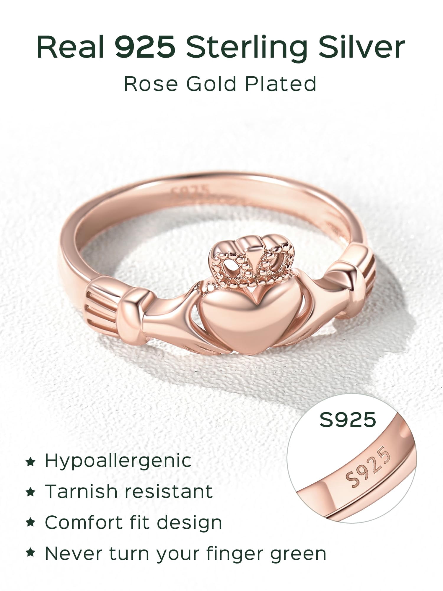 ChicSilver Claddagh Rings for Women Friendship Sterling Silver Ring Band 2.5mm Crown Heart Ring for Her Unisex Size 5