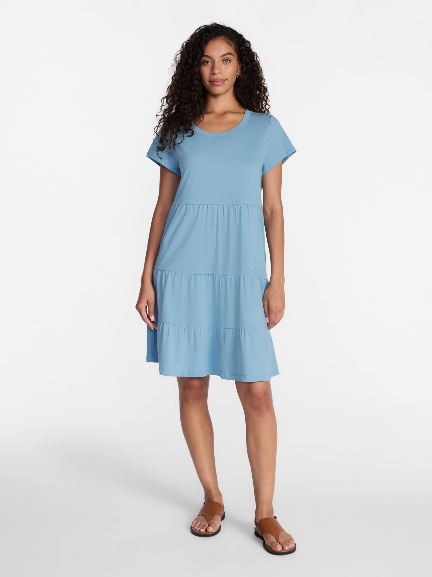 Time and Tru Women's and Women's Plus Size Tiered Cotton Dress with Short Sleeves, Sizes XS-4X