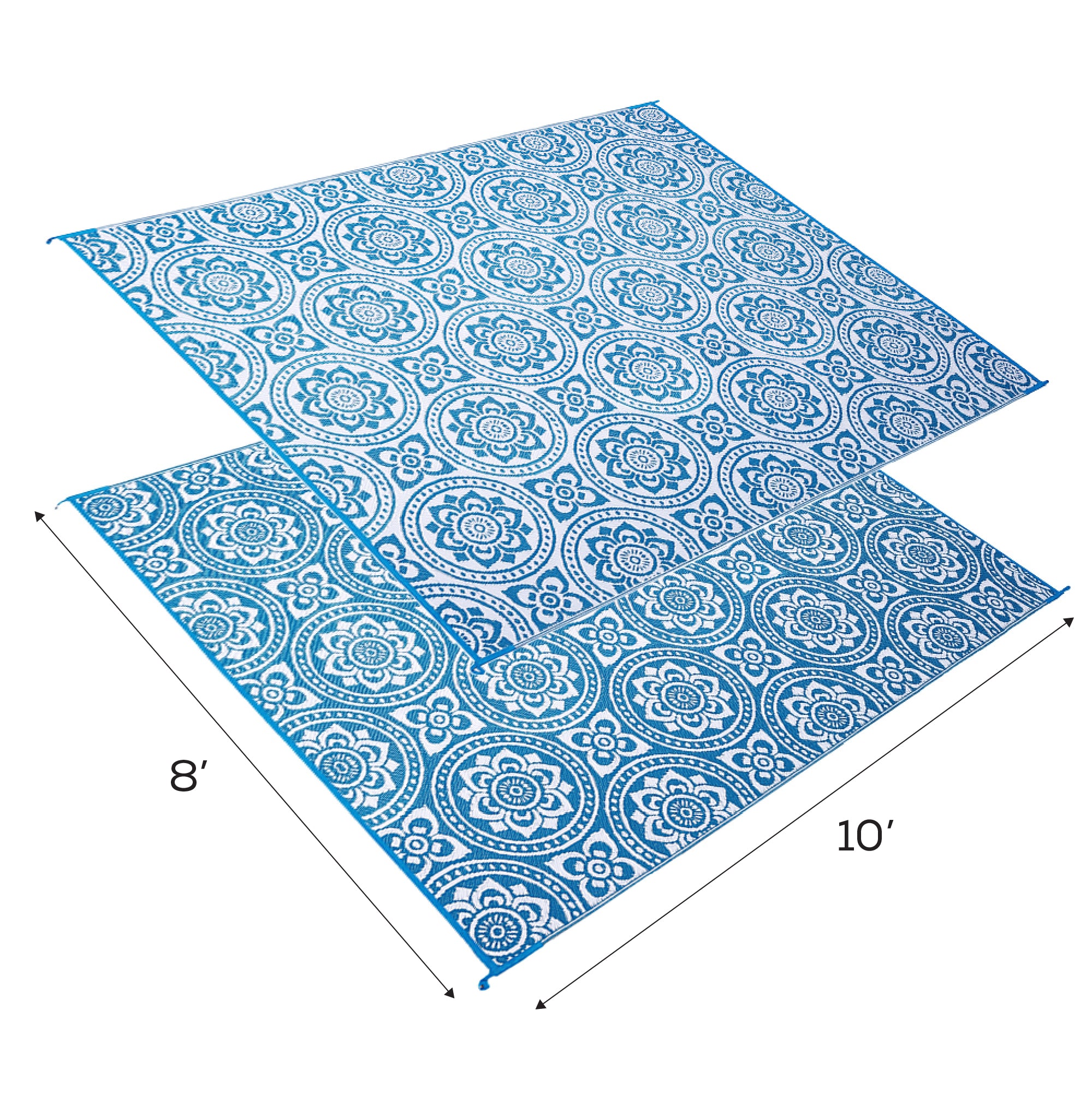 Reversible Mat 8x10 Foot Outdoor Polypropylene Pattern Patio Rug, Turquoise/White