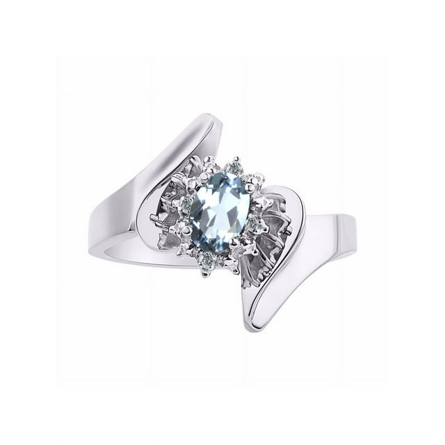 Rylos Floral Designer Ring with 6X4MM Oval Gemstone & Sparkling Diamonds in Sterling Silver- Birthstone Aquamarine Jewelry Size 9