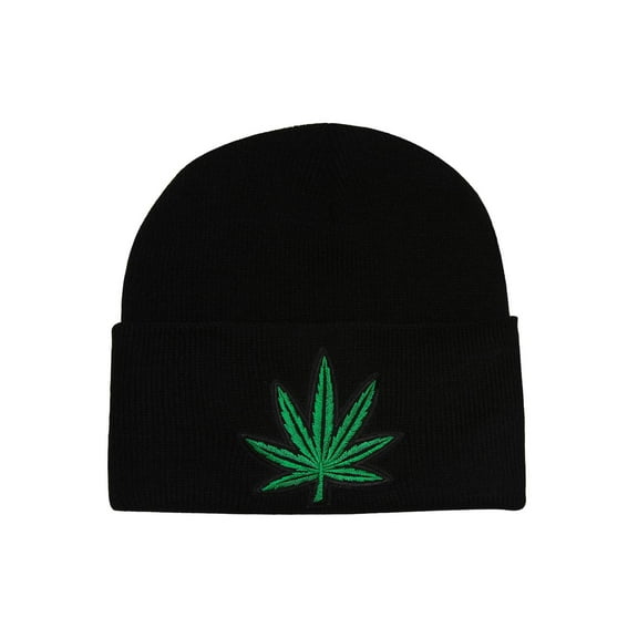 Black Cuff Marijuana Leaf Knitted Beanie