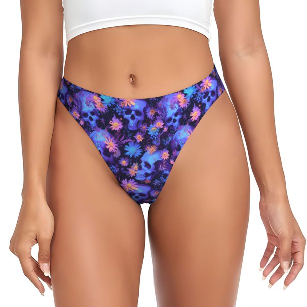 Fotbe Skull daisy purple Tanga Sin Costuras para Mujer con Estampado – Panties Invisibles, Transpirables y Cómodos para Uso Diario-Medium