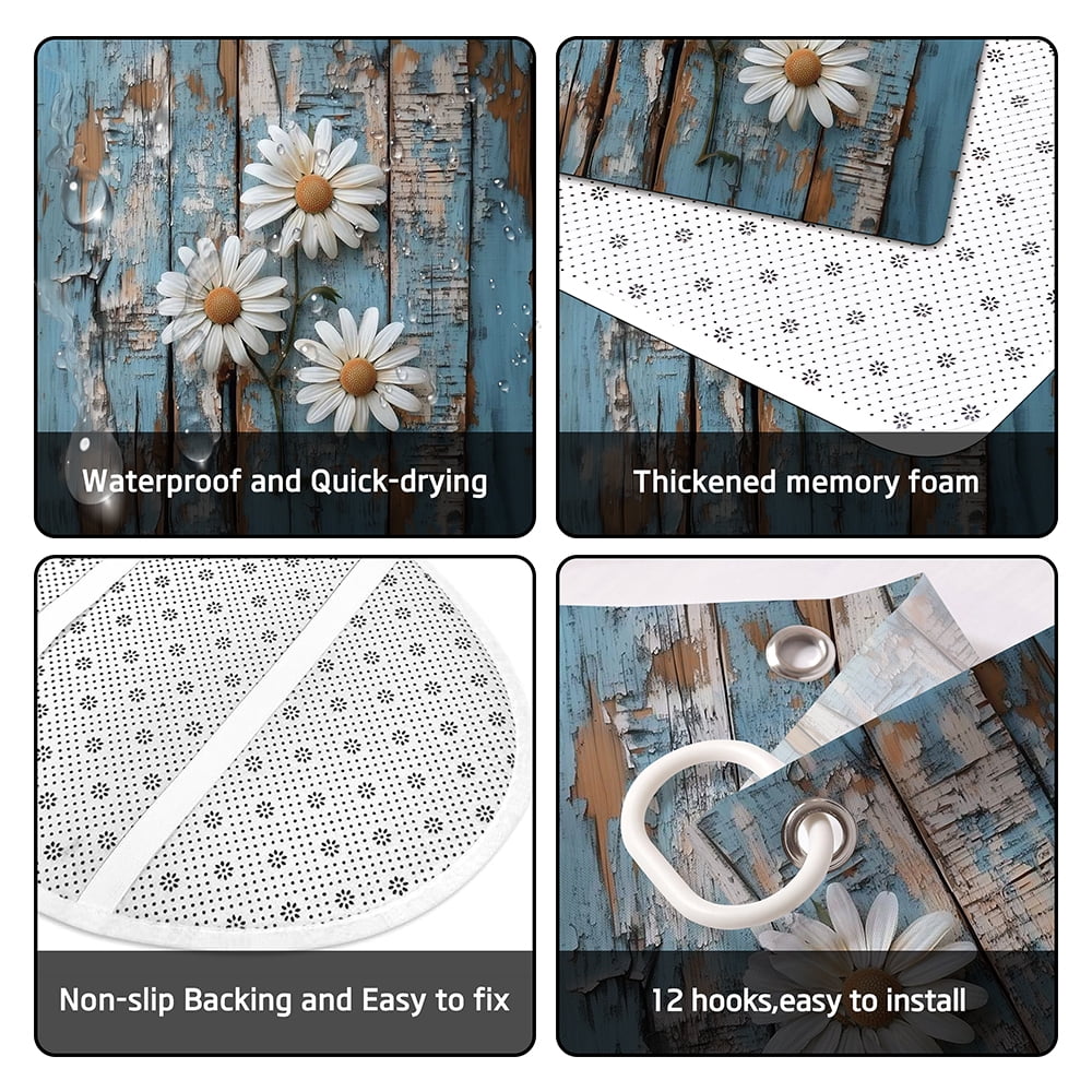 4pcs Rustic Wood and Blue Daisy Floral Farmhouse Shower Curtain Set