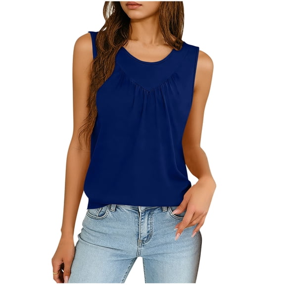 Womens Tank Tops 2026 Summer Pleated Crew Neck Tank Top Elegant Ladies Top Sleeveless Tunic Blouses Casual Loose Tees Camisole Vests Breathable Solid Color Comfy Lounge Soft Outdoor